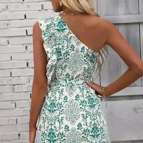 Green Boho Women's Floral Print One Shoulder Ruffle Trim Wrap Hem Belted Dress - Picture 3 of 6